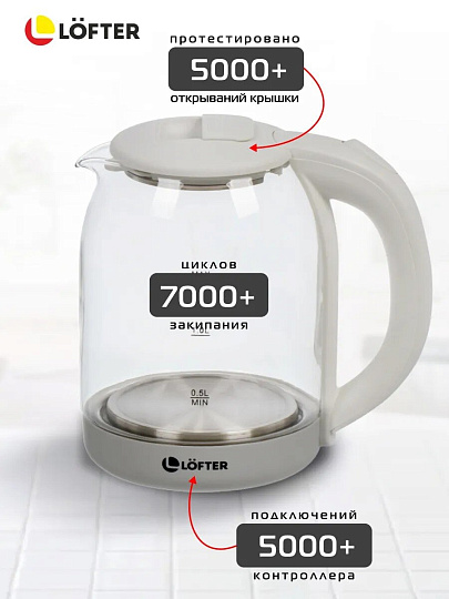 Чайник электрический Lofter, белый, 1.5 л, с подсветкой, 1500 Вт, скрытый нагревательный элемент, стекло