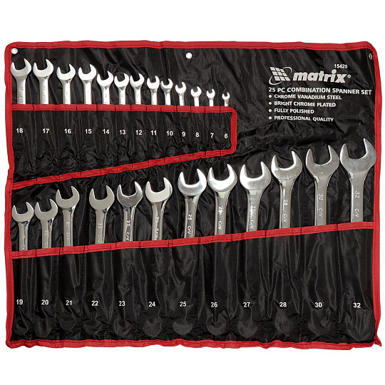 Набор ключей комбинированный, 25 предметов, Matrix, 6-32 мм, полированный хром, CrV сталь, 15425