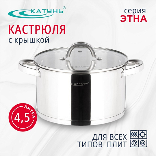 Кастрюля нержавеющая сталь, 4.5 л, крышка стекло, Катунь, Этна, КТ21-D-22, индукция