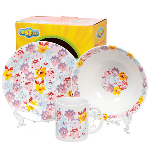Набор детской посуды керамика, 3 шт, Смешарики-бум, кружка 240 мл, тарелка 19 см, салатник 18 см, розовый, SMS3-1
