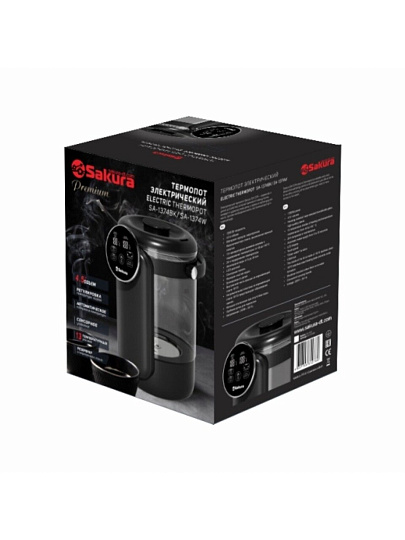 Термопот Sakura, SA-1374BK Premium, 4.5 л, 1350 Вт, скрытый нагревательный элемент, стекло