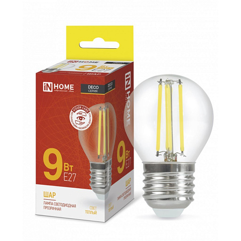 Лампа светодиодная E27, 9 Вт, 90 Вт, 230 В, шар, нитевидная, 3000 К, свет теплый белый, In Home, LED-ШАР-deco