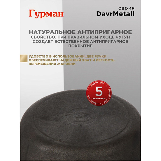 Жаровня чугун, 26 см, с двумя ручками, Гурман, DavrMetall, индукция