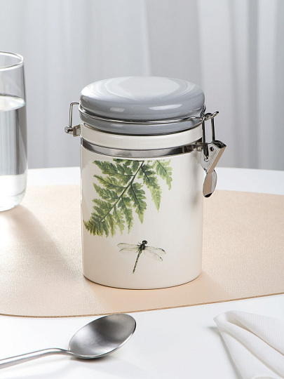 Банка для сыпучих продуктов, керамика, 0.6 л, 9.5х9.5х15 см, с крышкой, с бугельным замком, Prima Collection, Дикий папоротник