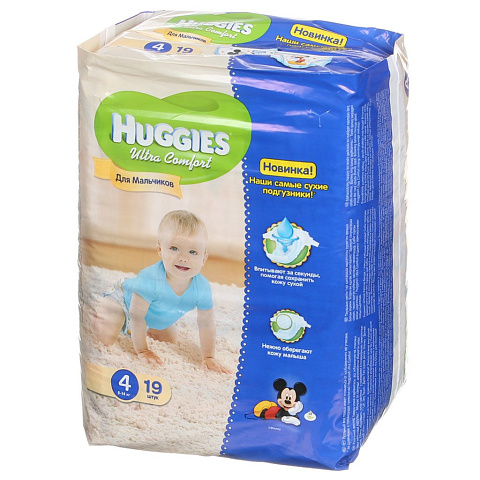 Подгузники детские Huggies, Ultra Comfort, р. 4, 9 - 14 кг, 19 шт, для мальчика
