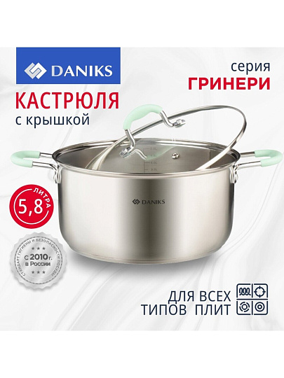 Кастрюля нержавеющая сталь, 5.8 л, крышка стекло, силиконовые ручки мятные, Daniks, Гринери, SD-23-24-2, индукция