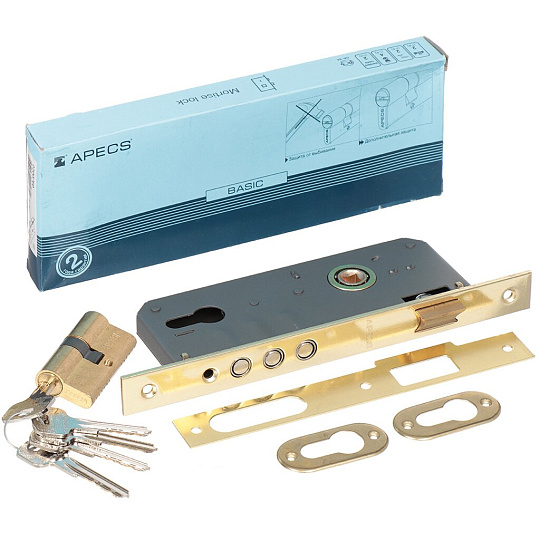 Замок врезной Apecs, 2200/60-G, 2882, без ручки, цилиндровый, золотой