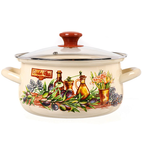 Кастрюля эмалированная сталь, 3 л, с крышкой, крышка стекло, с декором, сферический, Керченский металлургический завод, Италика, 61904-122/4.02-У4
