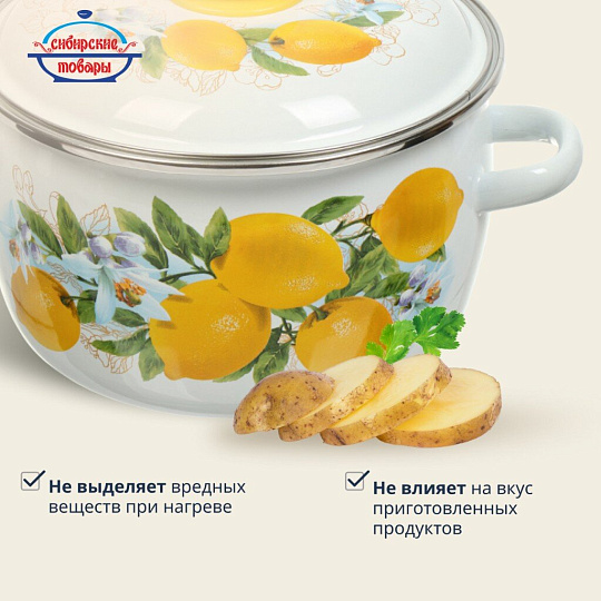 Кастрюля эмалированная сталь, 3 л, крышка сталь, сферический, Сибирские товары, Лимоны, 3MC181P, индукция