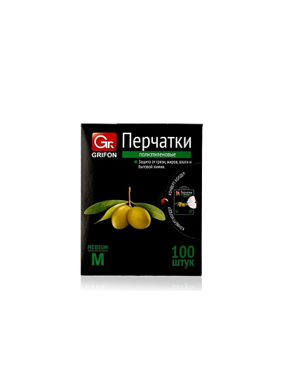 Перчатки одноразовые полиэтилен, размер M, 100 шт, Grifon, 303-018/020