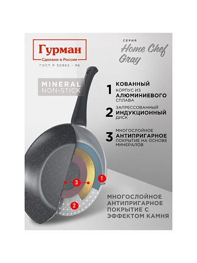 Сковорода алюминий, 24 см, антипригарное покрытие, Гурман, HomeChef, Gray, индукция