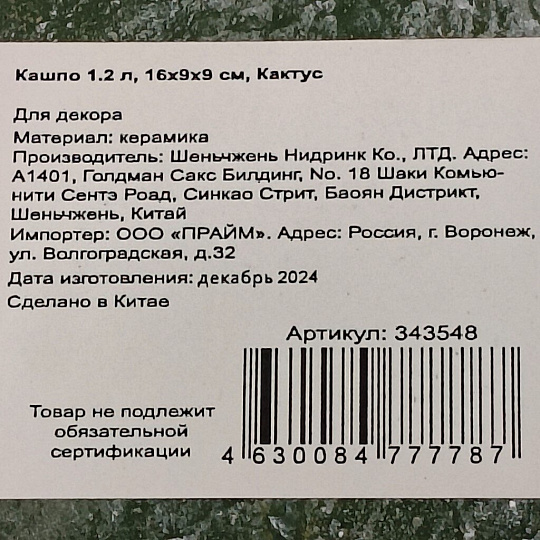 Кашпо керамика, 1.2 л, 16х9х9 см, Кактус, Y4-3079