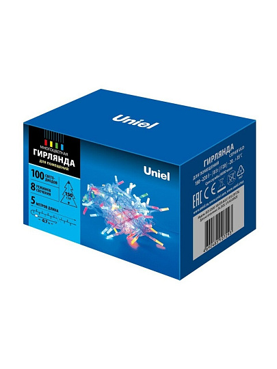Гирлянда 100 ламп, 5 м, ULD-S0500-100/DTA MULTI IP20 CRYSTAL, Uniel, свет мультиколор, прозрачная, в помещении, светодиодная, UL-00003948