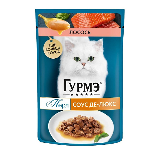 Корм для животных Гурмэ, Перл Де-люкс, 85 г, для взрослых кошек, кусочки в соусе, лосось, пауч
