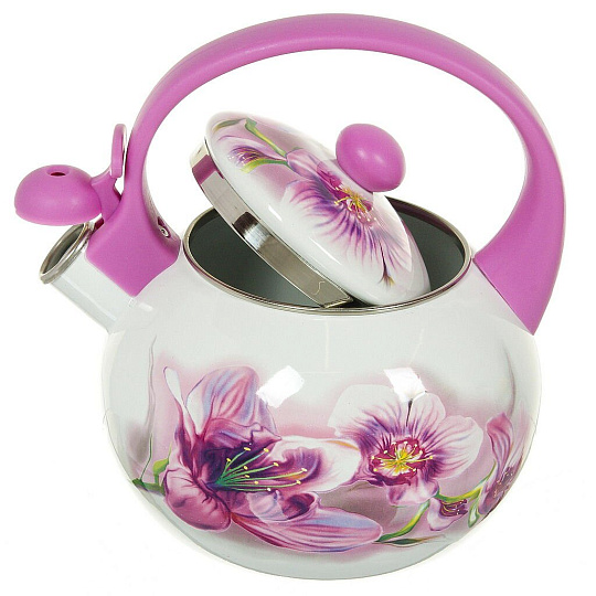 Чайник сталь, эмалированное покрытие, 2.2 л, со свистком, ручка пластиковая, Aurora, Орхидея, 1901