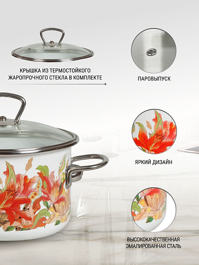Кастрюля эмалированная сталь, 4 л, крышка стекло, цилиндрическая, Vitross, Lilianna, 1SD205S, индукция