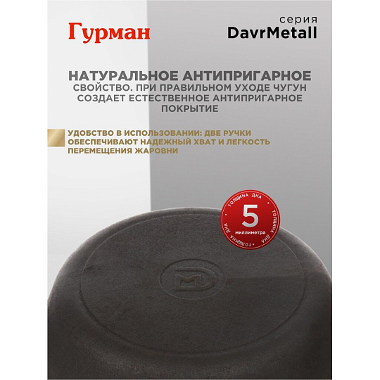 Жаровня чугун, 28 см, с двумя ручками, Гурман, DavrMetall, индукция