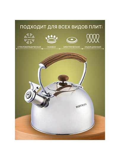 Чайник нержавеющая сталь, 2.5 л, со свистком, зеркальный, коричневая ручка, Hoffmann, индукция, НМ 55208