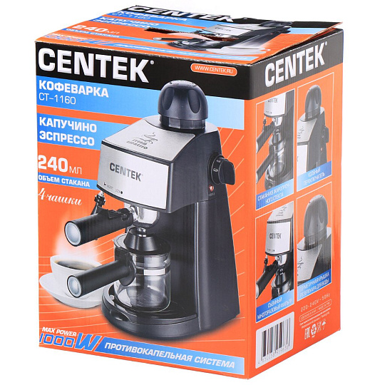 Кофеварка электрическая, рожковая, пластик, металл, 0.24 л, Centek, 800 Вт, 3.5 бар, противокапельная система, CT-1160