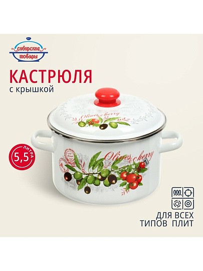 Кастрюля эмалированная сталь, 5.5 л, крышка сталь, цилиндрическая, Сибирские товары, Оливки и черри, 3MD221P, индукция