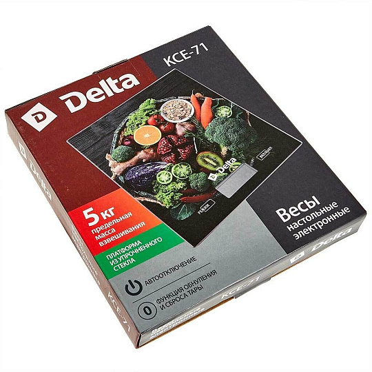 Весы кухонные электронные, стекло, Delta, KCE-71 Здоровое питание, платформа, точность 1 г, до 5 кг, LCD-дисплей, разноцветные, KCE-71