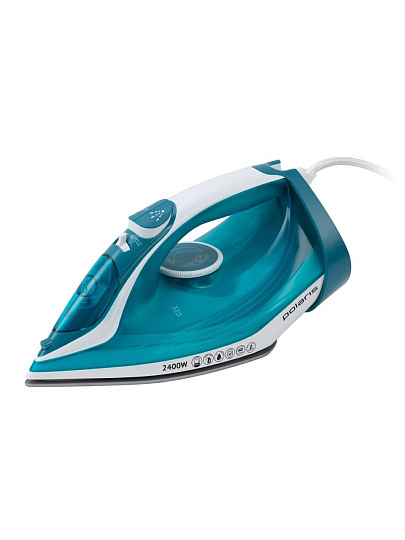 Утюг Polaris, PIR 2487AK, 2400 Вт, керамика, вертикальное отпаривание, противокапельная система, система самоочистки, защита от накипи, мерный стакан, 3 м, белый,бирюзовый