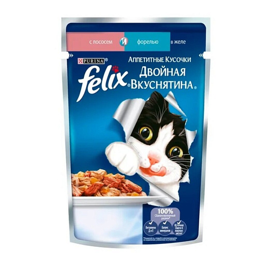 Корм для животных Феликс, для взрослых кошек, кусочки в желе, лосось, форель, 75/85 гр, пауч, 0042044003