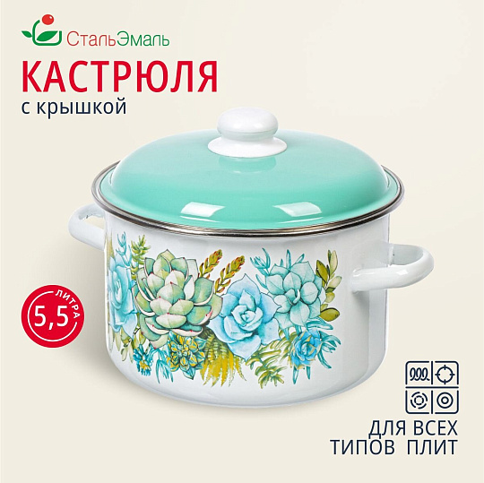 Кастрюля эмалированная сталь, 5.5 л, крышка сталь, цилиндрическая, СтальЭмаль, Монантес, 6RD221M