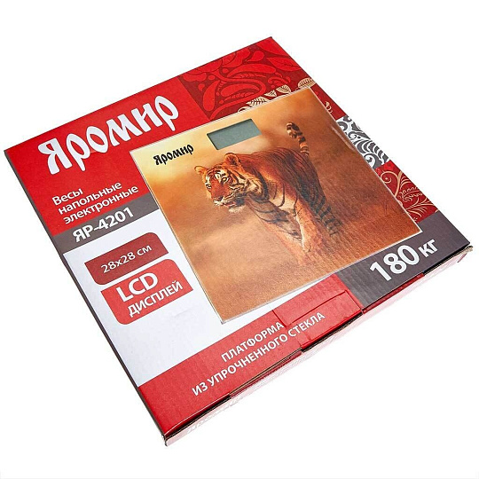 Весы напольные электронные, Яромир, ЯР-4201 Тигр, стекло, до 180 кг, 28 х 28 см, LCD-дисплей