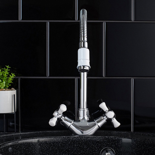 Смеситель для кухни, РМС, гибкий излив, с кран-буксой, белый, SL92W-279F