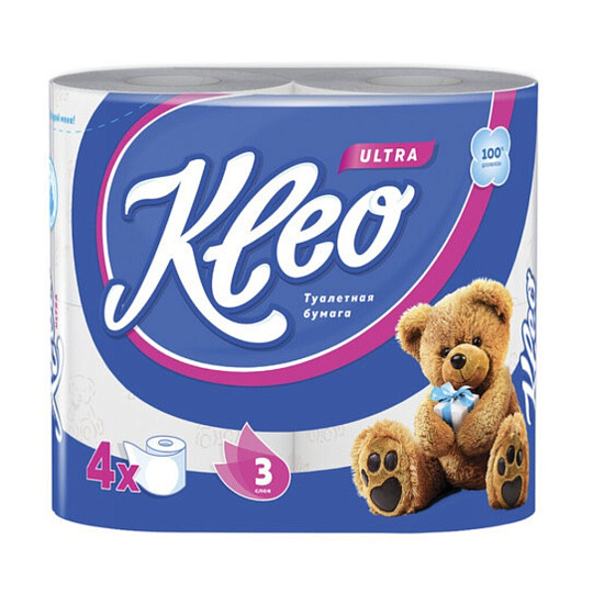 Туалетная бумага Kleo, Ultra, 3 слоя, 4 шт, 18 м, с втулкой, белая