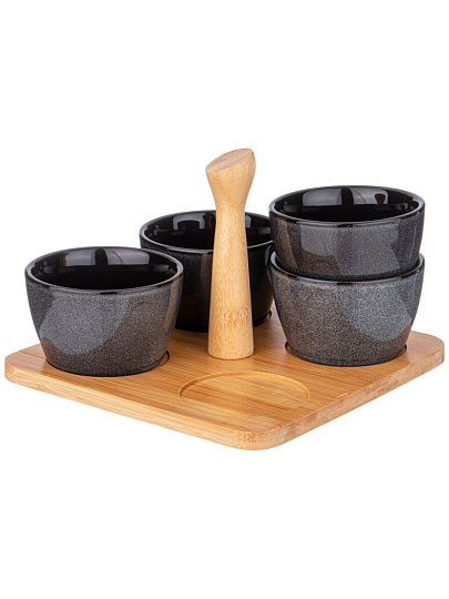 Соусник фарфор, Lefard, Graphite, 175 мл, 19х6.5 см, с ручкой, 4 шт, деревянная подставка, 474-240