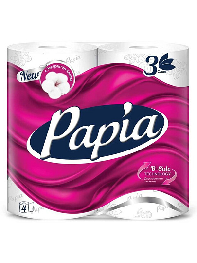 Туалетная бумага Papia, Балийский цветок, 3 слоя, 4 шт, 16.8 м, с втулкой