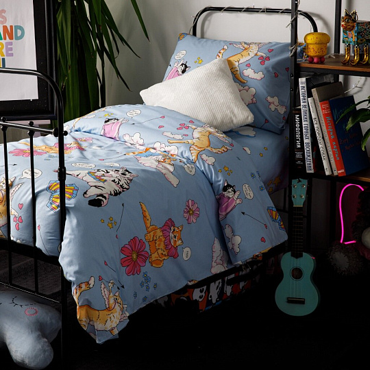 Постельное белье детское 1.5-спальное, простыня 150х215 см, 1 наволочка 70х70 см, пододеяльник 145х215 см, WMW, перкаль, Kitty 70737-1+70705-2