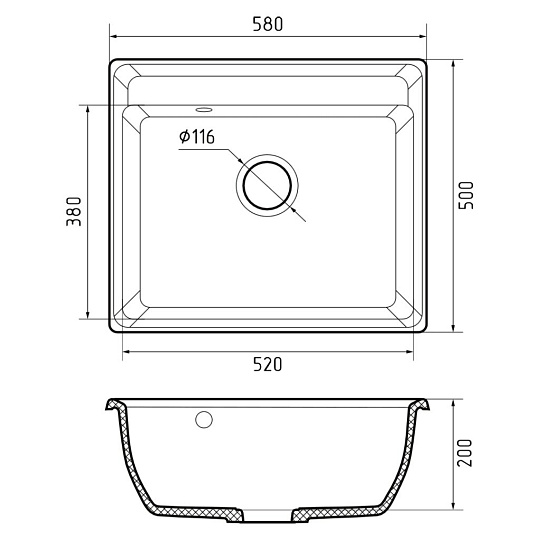 Мойка кухонная врезная, GranFest, Vertex, искусственный мрамор, 580x500 мм, + сифон, графит, GF-V-580
