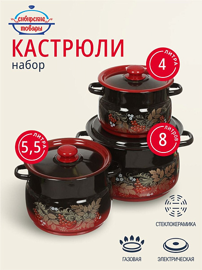 Набор посуды эмалированная сталь, 6 предметов, кастрюли 4,5.5,8 л, Сибирские товары, Рябинка 11, N11L05