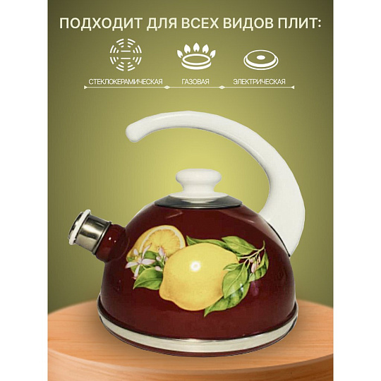 Чайник сталь, эмалированное покрытие, 2.5 л, со свистком, ручка консольная, Рубин, Лимоны, бордовый, T04/25/01/35/H03