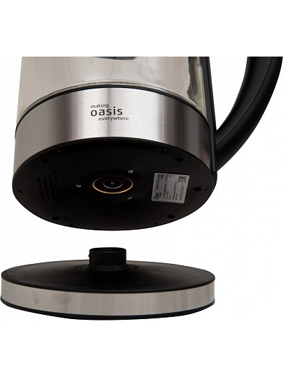 Чайник электрический Oasis, K-7GS, серебристый, 1.7 л, 2200 Вт, скрытый нагревательный элемент, стекло