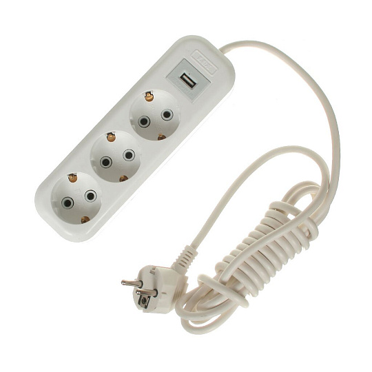 Удлинитель бытовой 3 гнезда, 3 м, ПВС, 3х0.75 мм², с заземлением, 16 А, 250 В, USB разъем 5 В, 1.3 А, Lux, У3-Е-USB-03