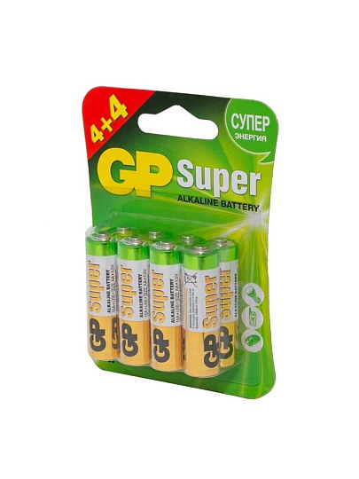 Батарейка GP, АА (LR6, 15A), Alkaline Super, щелочная, 1.5 В, блистер, 8 шт, 15A4/4-2CR8, 17027