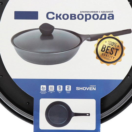 Сковорода литой алюминий, 24 см, антипригарное покрытие, Daniks, Shoven, с крышкой, индукция, KI-JG2024