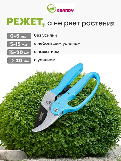 Секатор 200 мм, 30 мм, прямого реза, Grandy, с храповым механизмом, рукоятка металл, резина