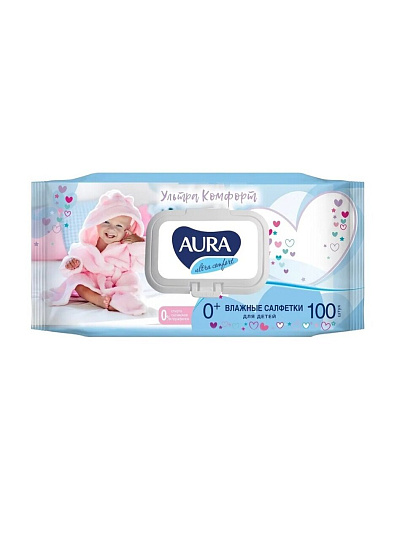 Салфетки влажные Aura, Ultra Comfort, Алое+Витамин Е, детские, 100 шт, 6488