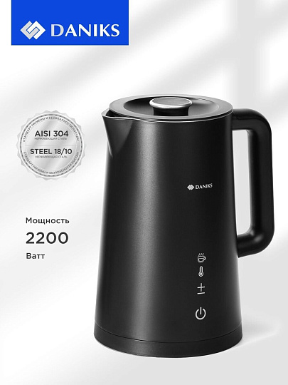 Чайник электрический Daniks, D2217E, черный матовый, 1.7 л, 2200 Вт, скрытый нагревательный элемент, сталь, пластик