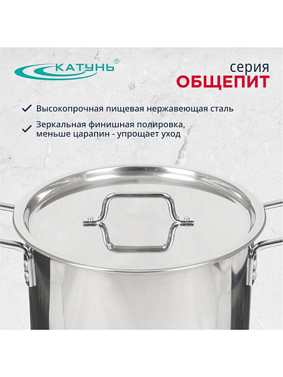 Кастрюля нержавеющая сталь, 15 л, 30х24.5 см, клепаные ручки, Катунь, Общепит, КТ-ОБ-15 В