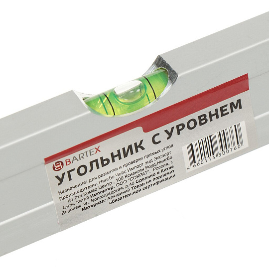 Угольник 300 мм, алюминий, с уровнем, Bartex, 343014