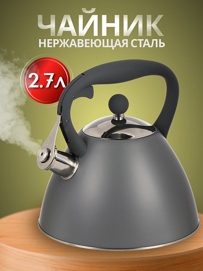 Чайник нержавеющая сталь, 2.7 л, со свистком, ручка бакелитовая, с силиконовым покрытием, Daniks, индукция, PR-2202