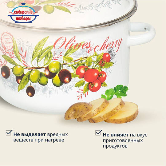 Кастрюля эмалированная сталь, 4 л, крышка сталь, цилиндрическая, Сибирские товары, Оливки и черри, 3MD201M, индукция
