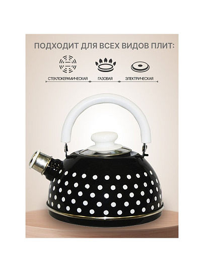Чайник сталь, эмалированное покрытие, 2.5 л, со свистком, подвижная ручка, Рубин, Малый белый горох, черный, TMM04/25/02/27/H03