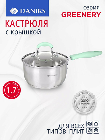 Ковш нержавеющая сталь, 1.7 л, крышка стекло, силиконовая ручка, индукция, Daniks, Гринери, SD-23-16SP, мятный